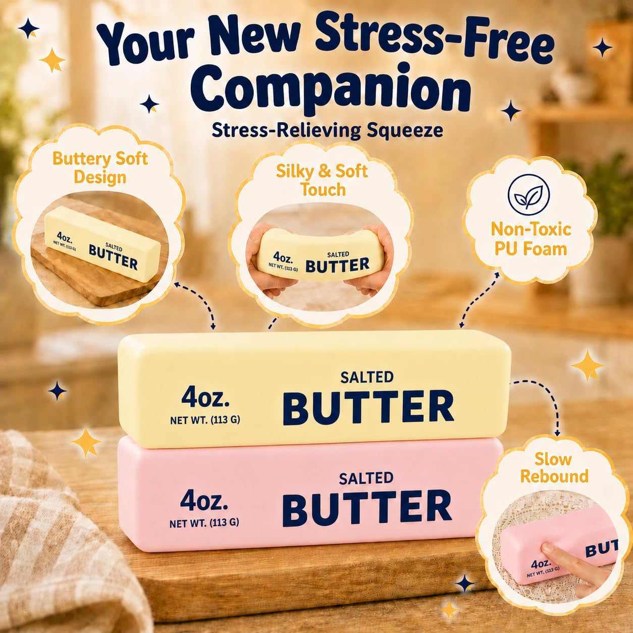 2PCS Butter, Slow Rising Squishy Toys, Squishy Toy, Squeeze Realistic Butter Stick Soft Squeeze Toys, Stress Relief Squishy Fidget Toys